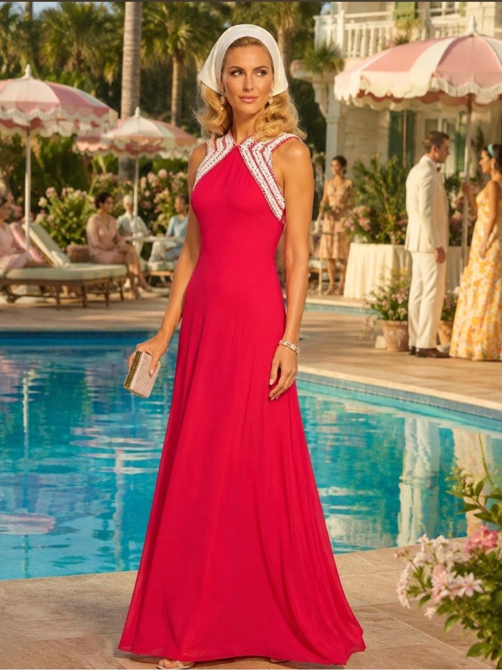 Vintage 70s Hot Pink Beaded Maxi Dress 🌴✨